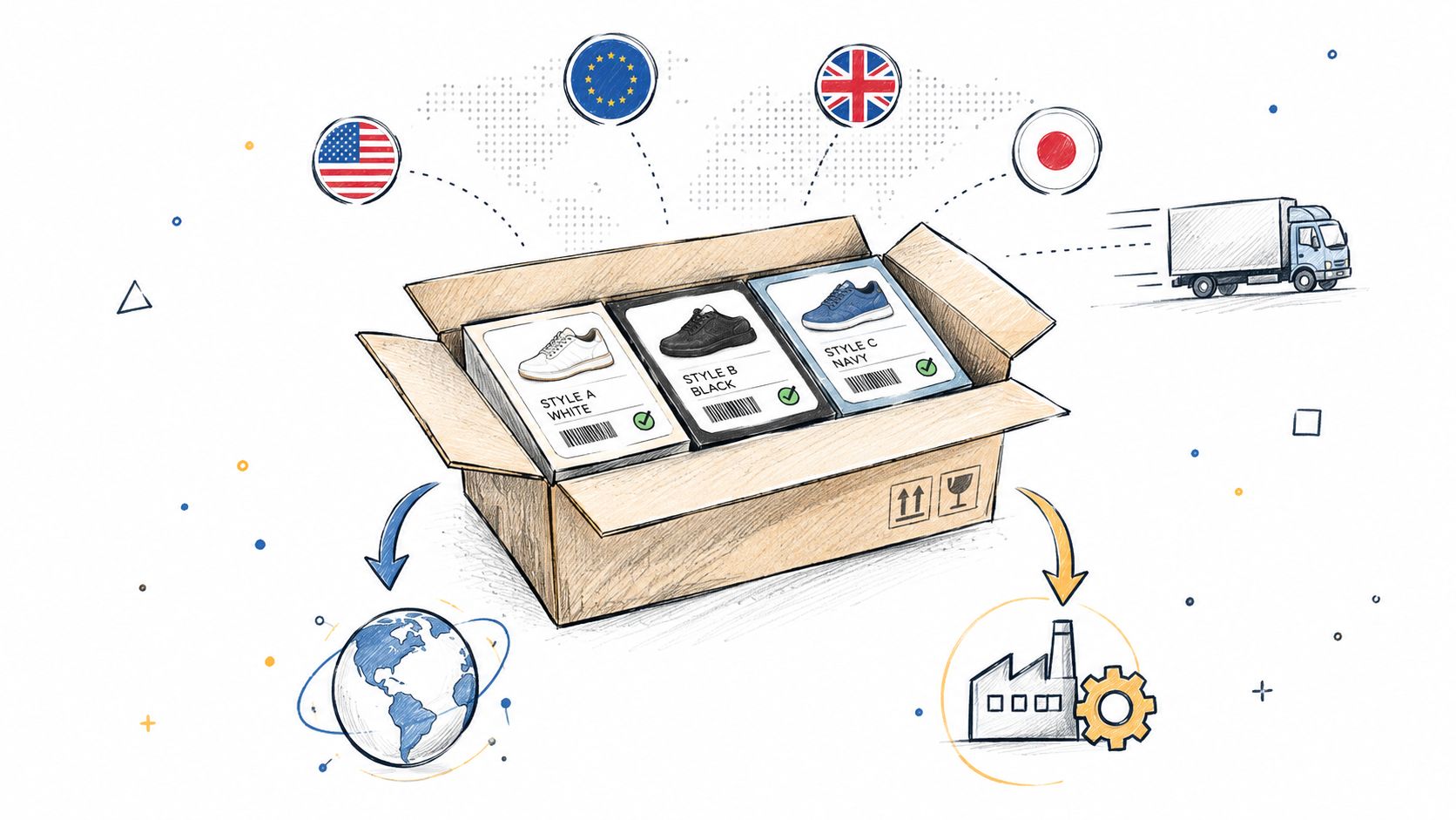 A cardboard box containing three different shoe styles being shipped to multiple countries represented by flags.