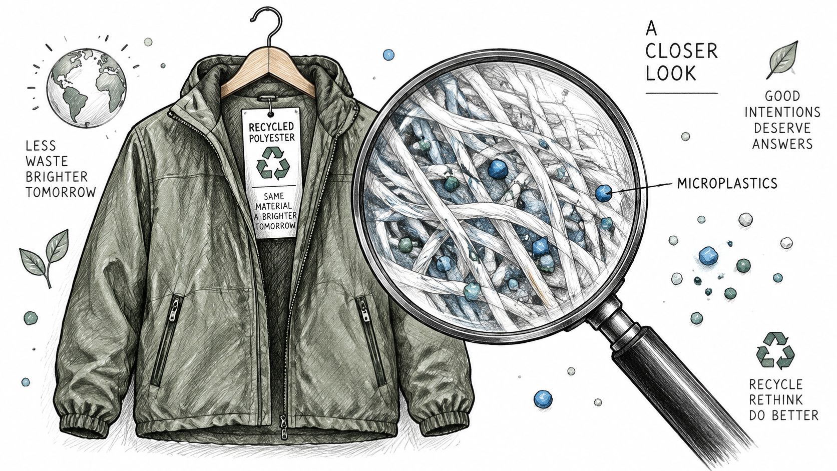 A hand-drawn illustration depicting a recycled polyester jacket being examined under a magnifying glass, revealing microplastics.