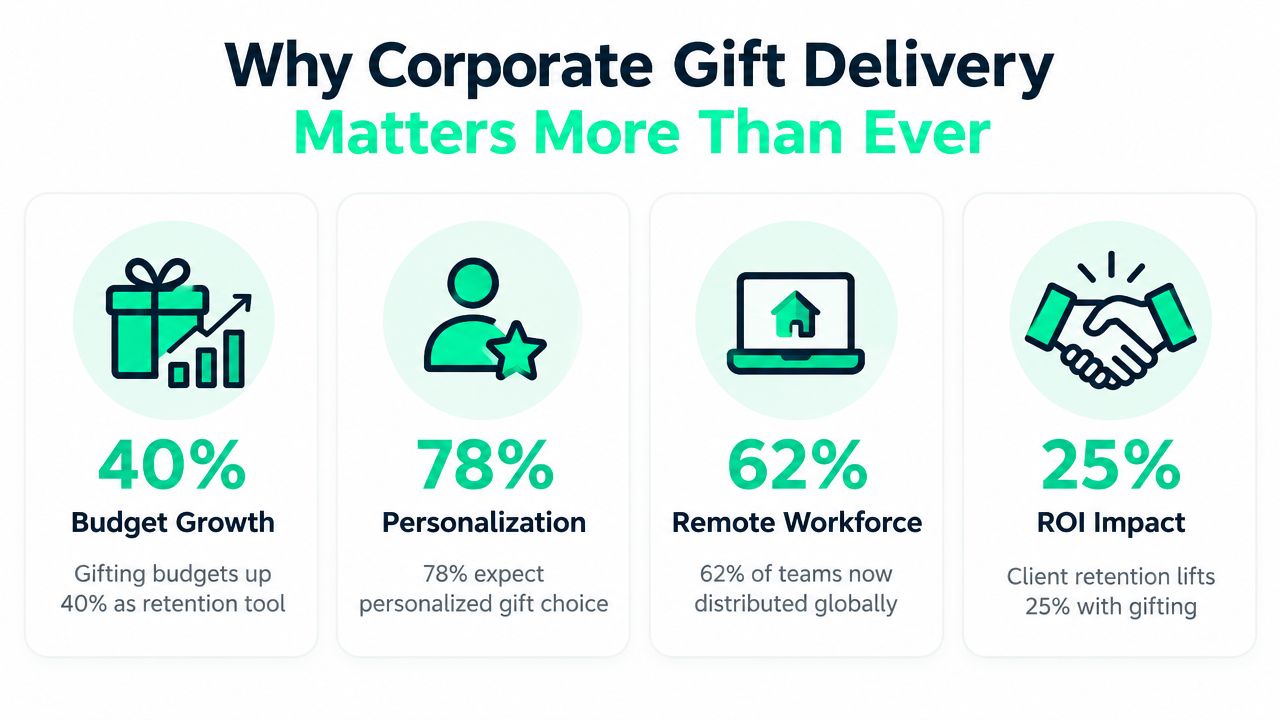 An infographic showing four key statistics explaining why corporate gift delivery is increasingly important for businesses.