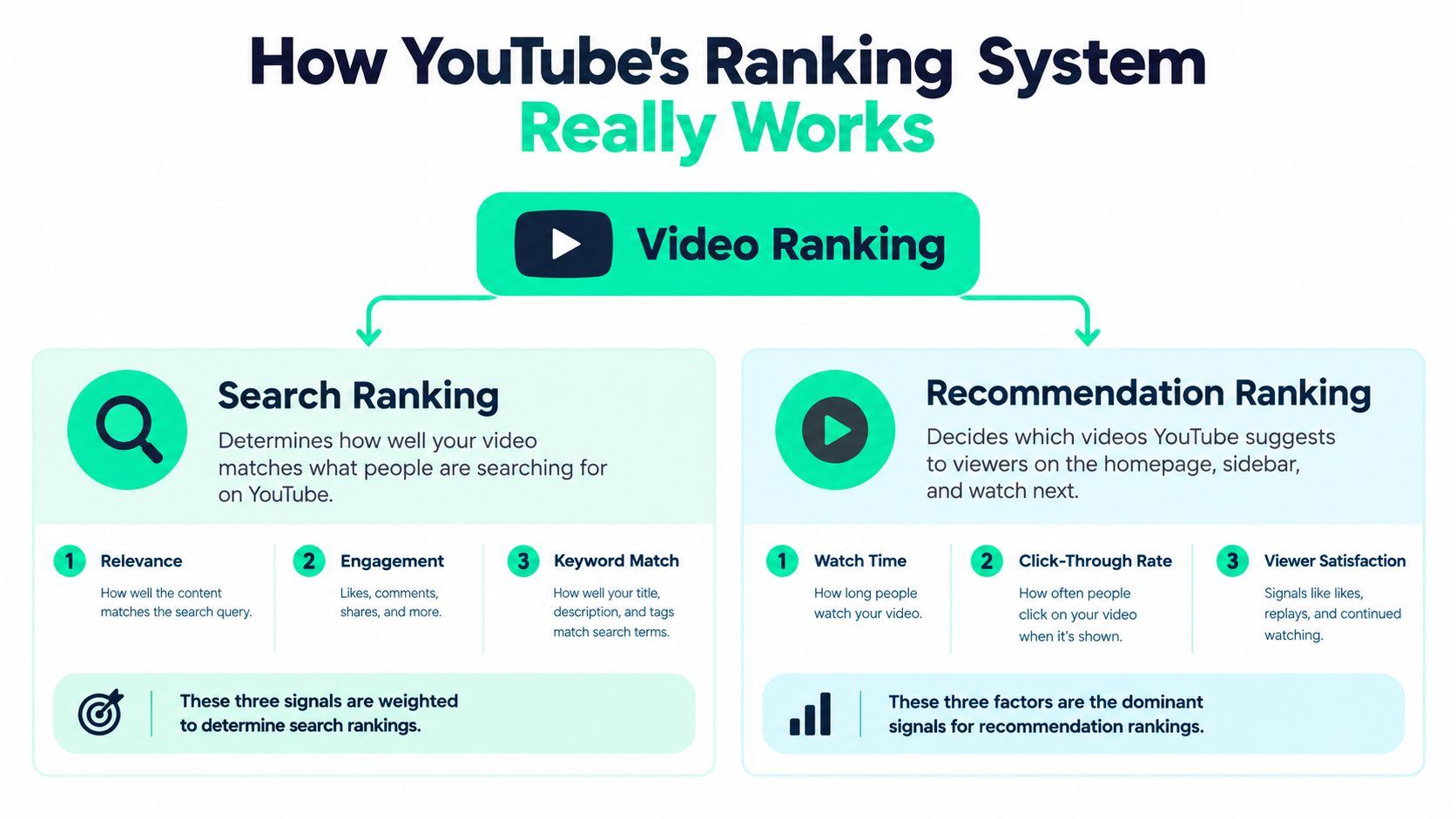 A diagram explaining how YouTube's search and recommendation ranking systems work for video optimization and discoverability.