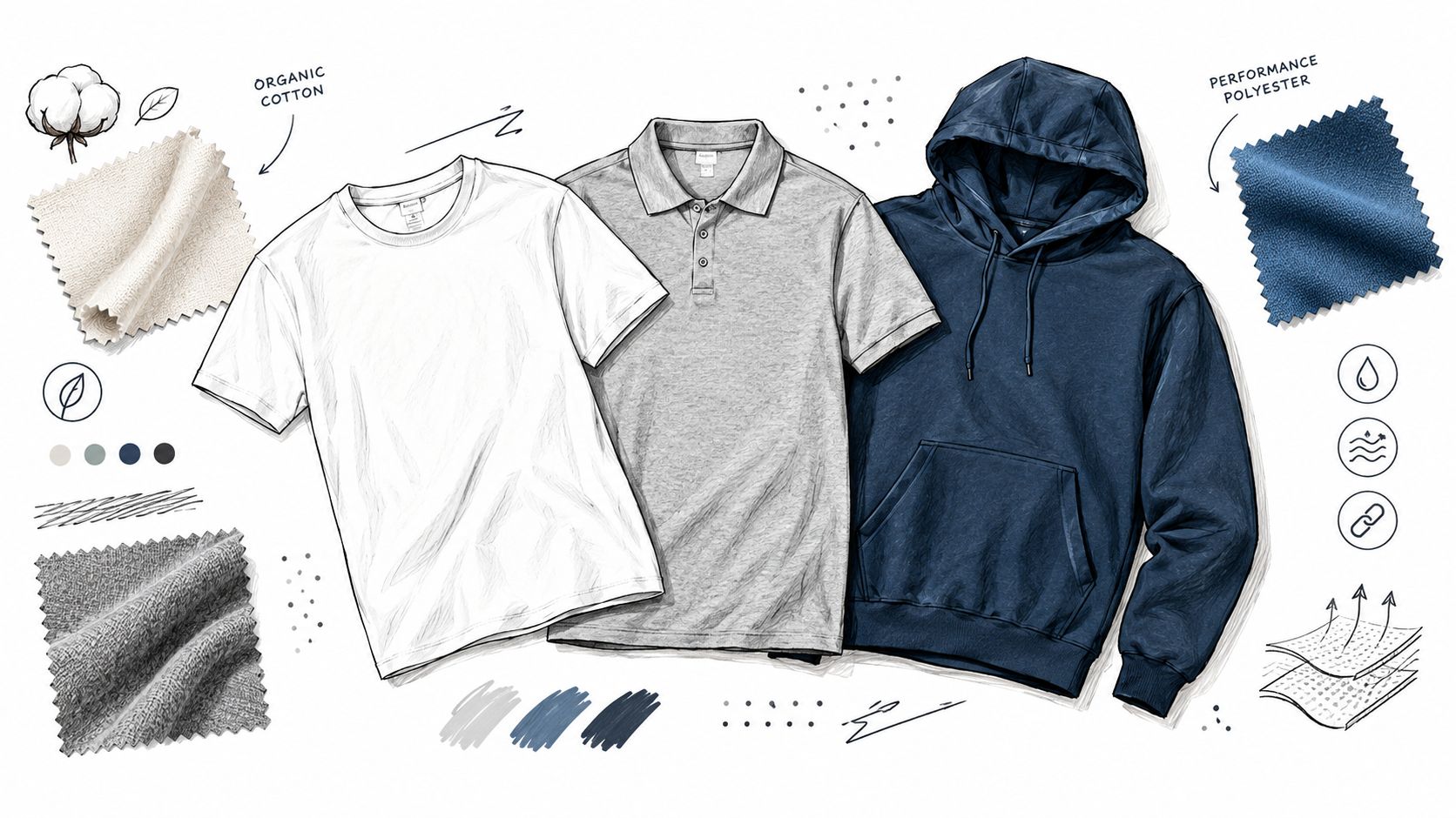A digital illustration showing a white t-shirt, gray polo shirt, and dark blue hoodie with fabric swatches.