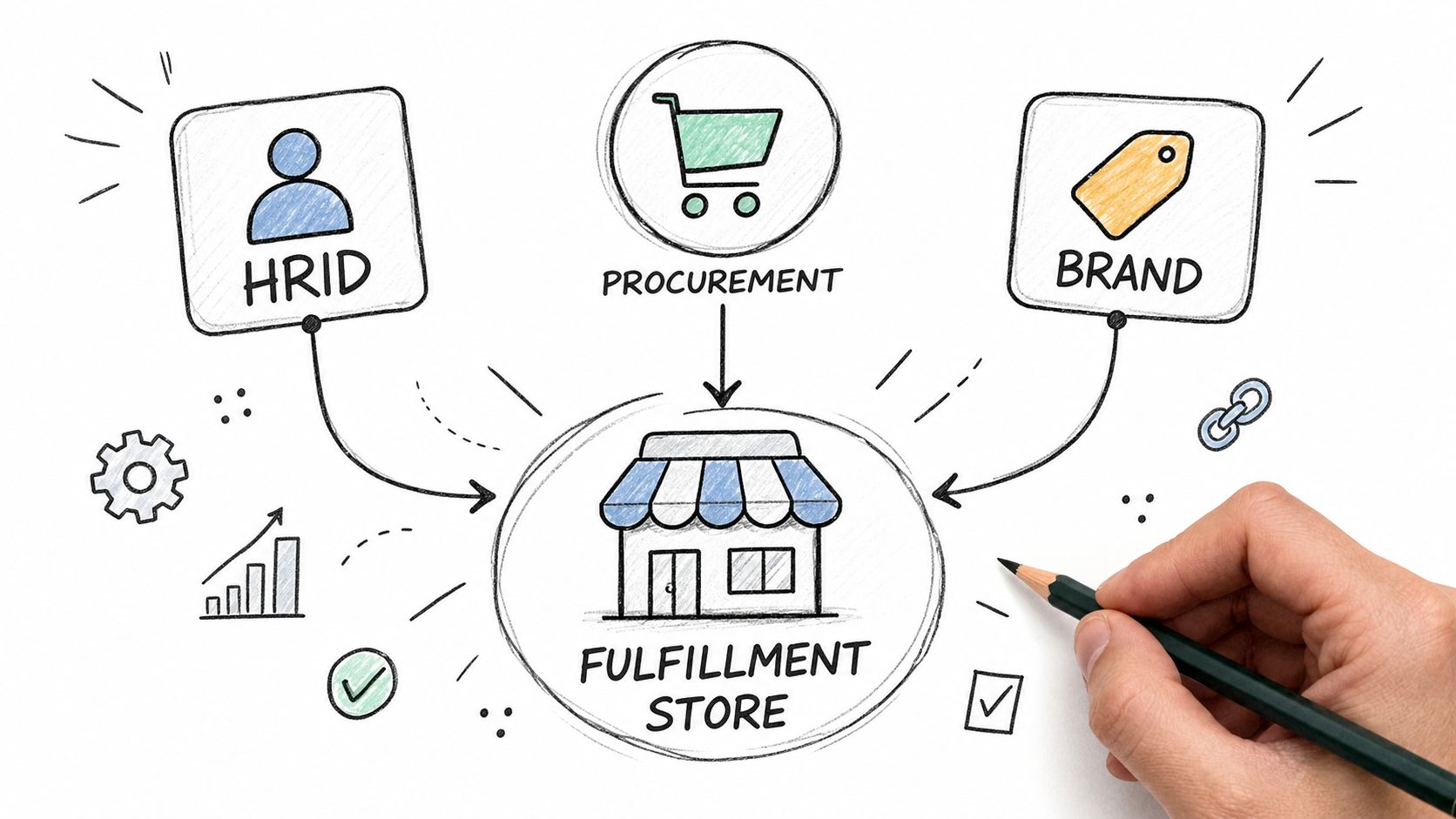 A hand drawing a business diagram showing HRID, Procurement, and Brand connecting to a Fulfillment Store.