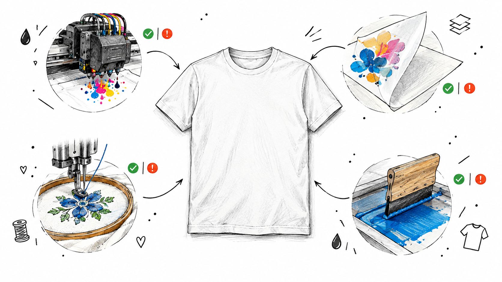 A diagram illustrating various garment decoration methods including digital printing, embroidery, transfer paper, and screen printing on t-shirts.
