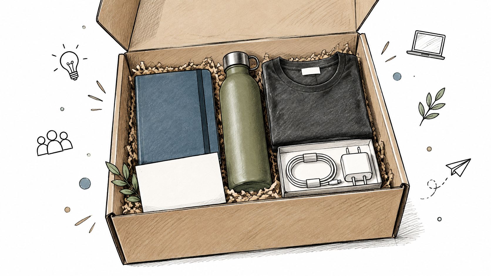 A cardboard gift box containing a blue notebook, a green water bottle, a shirt, and charging accessories.