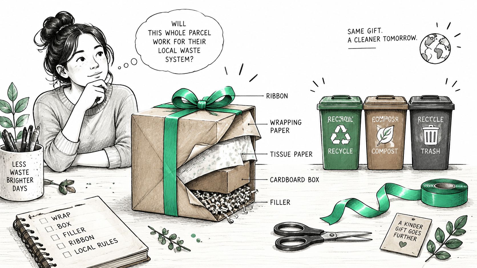 A woman considers the sustainability of gift packaging by sorting box materials into recycle, compost, and trash bins.