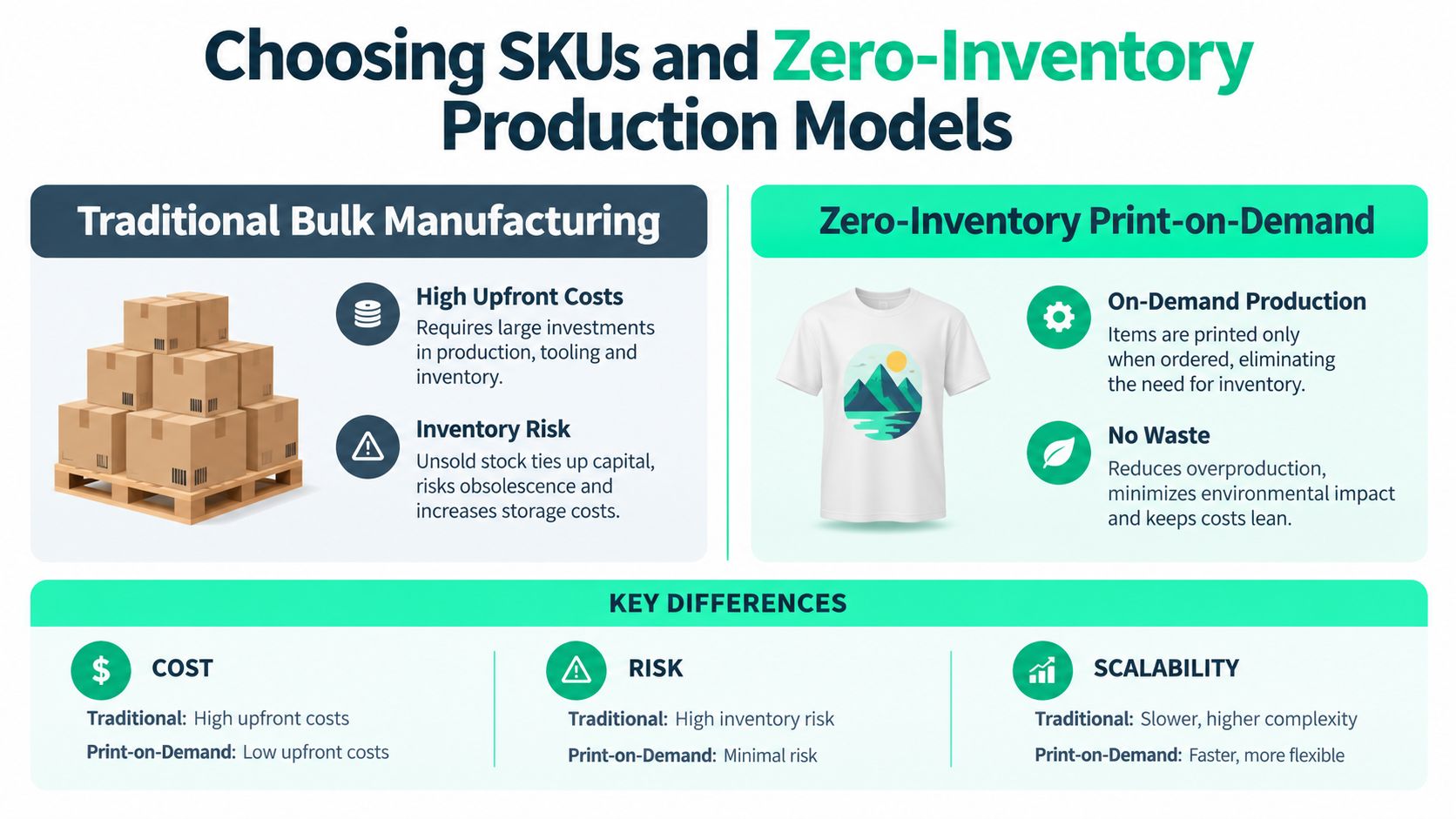 A comparison infographic between traditional bulk manufacturing and zero-inventory print-on-demand production models for online businesses.