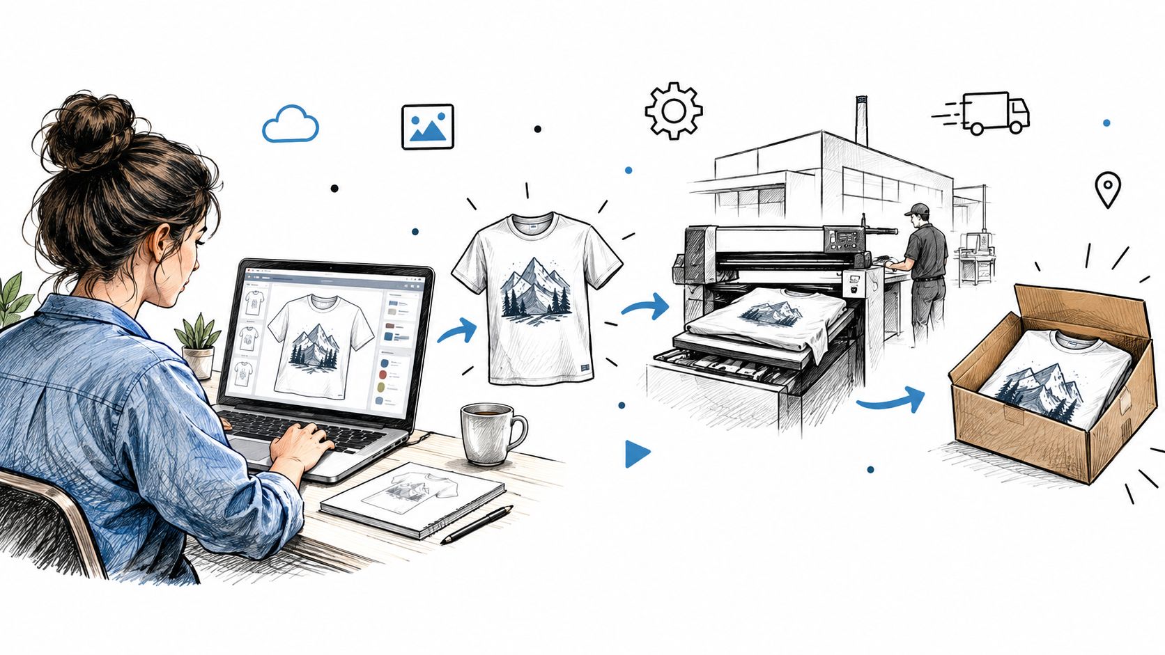 A conceptual illustration showing a digital creator designing a custom t-shirt that is printed and shipped.