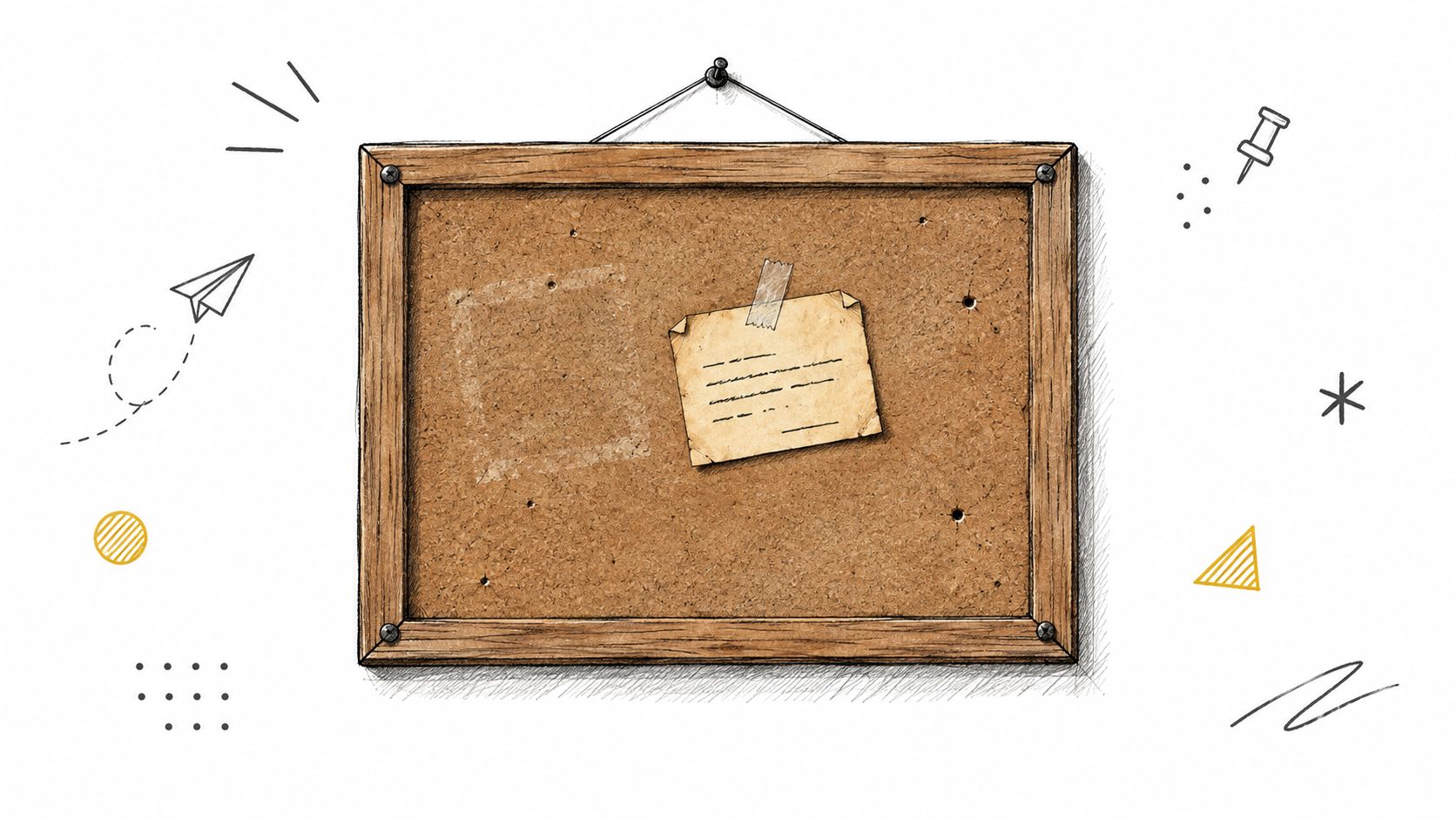 A wooden framed cork board hanging on a white wall with a single note pinned in center.