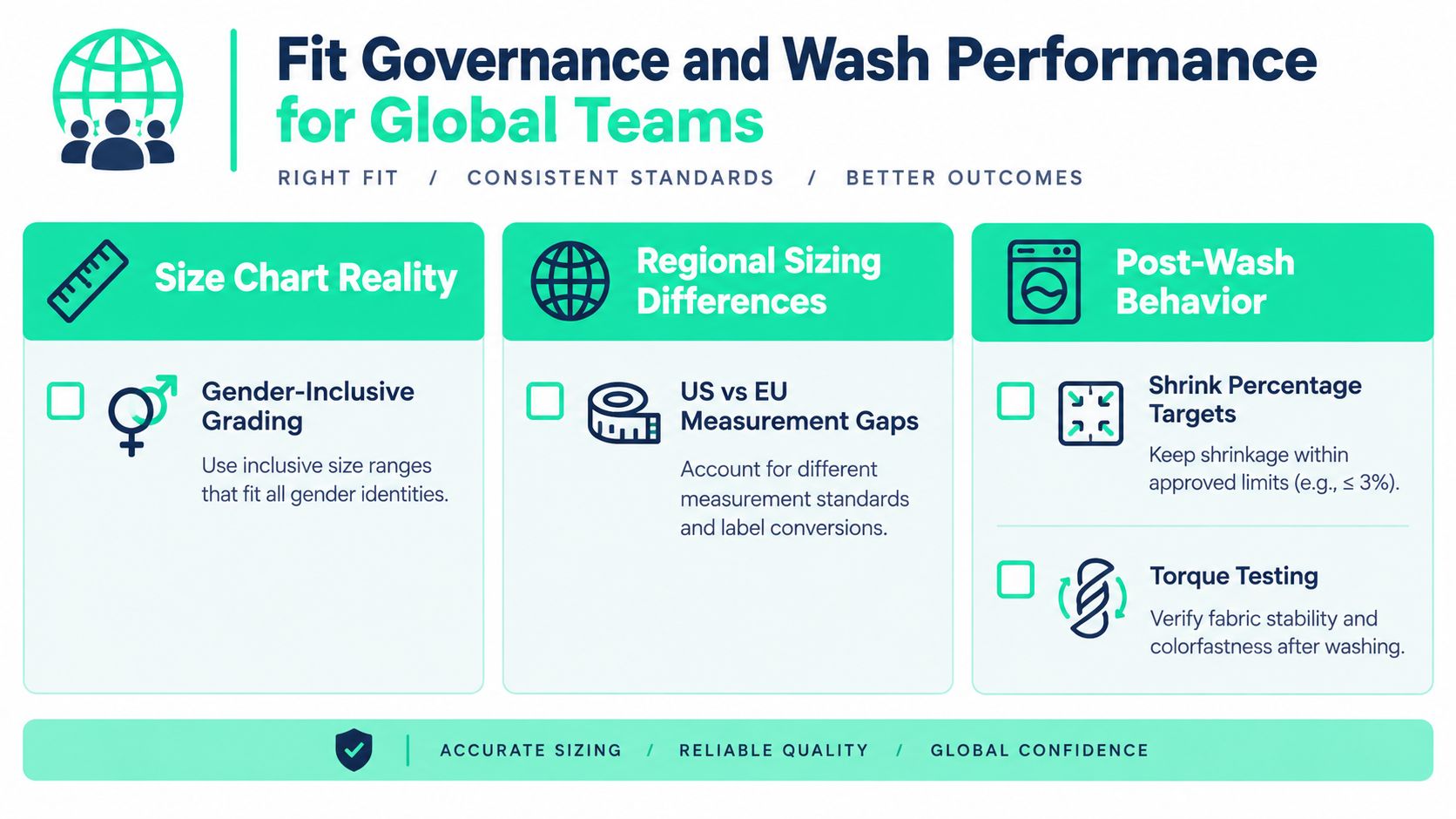 A graphic presentation detailing fit governance and wash performance standards for global apparel manufacturing teams.