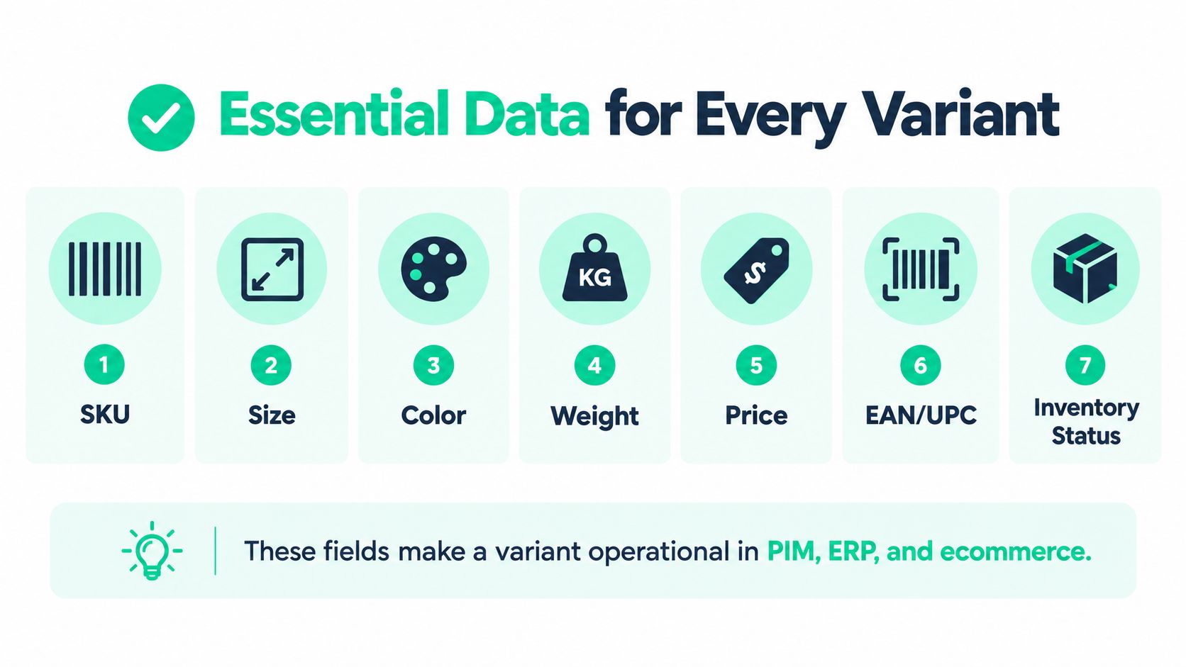 An infographic showing the seven essential data points for product variants, including SKU, size, color, and inventory status.