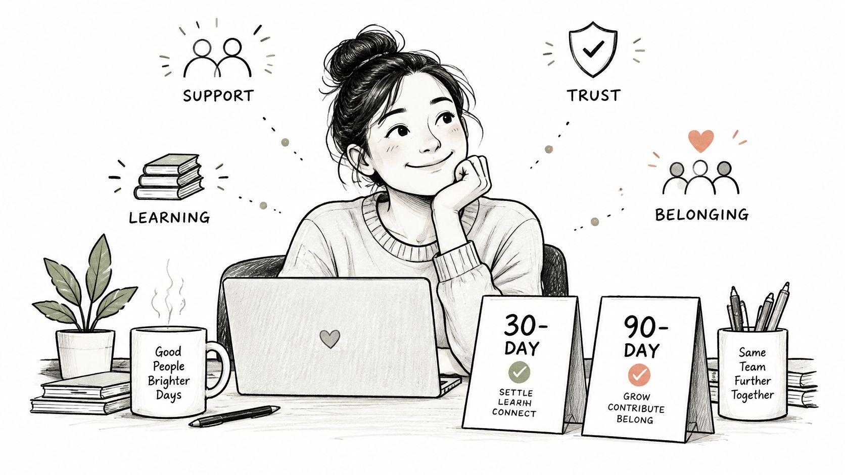A woman at her desk with illustrated workplace concepts like learning, support, trust, and employee onboarding milestones.