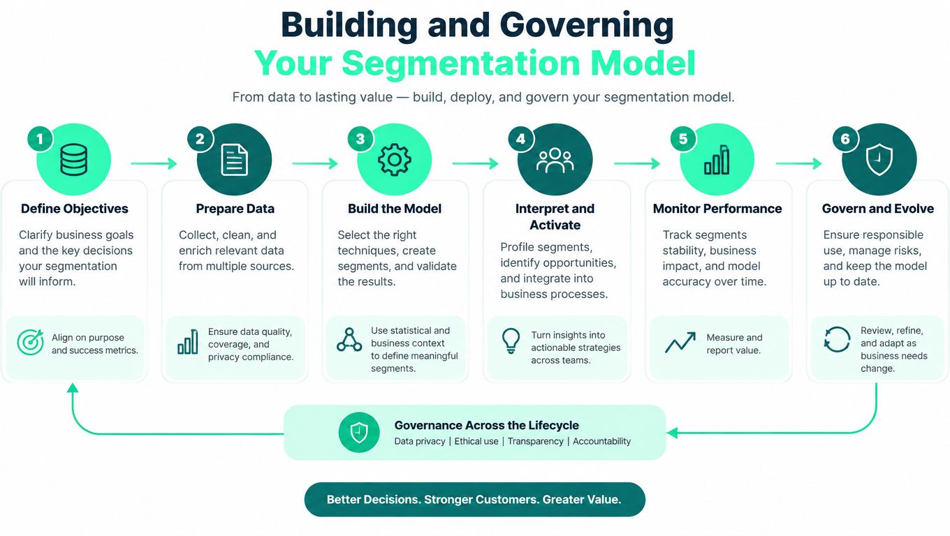 A diagram outlining a six-step process for building, deploying, and governing an audience segmentation model effectively.