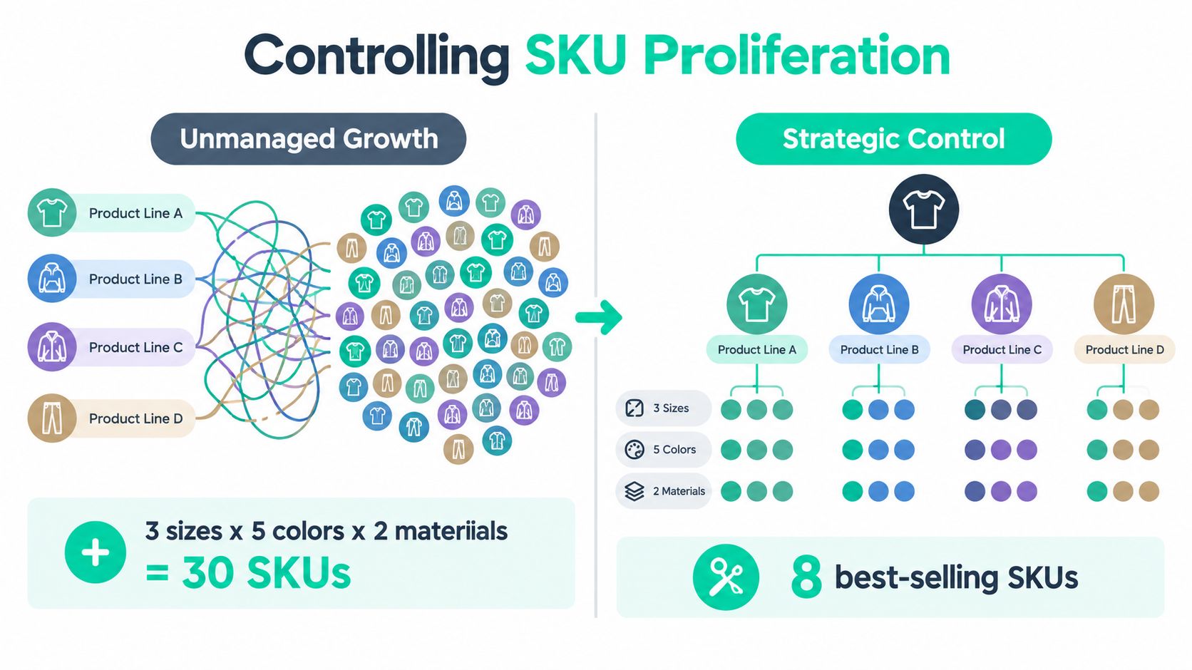 A comparative infographic showing unmanaged product growth versus strategic SKU management to optimize product variants and efficiency.