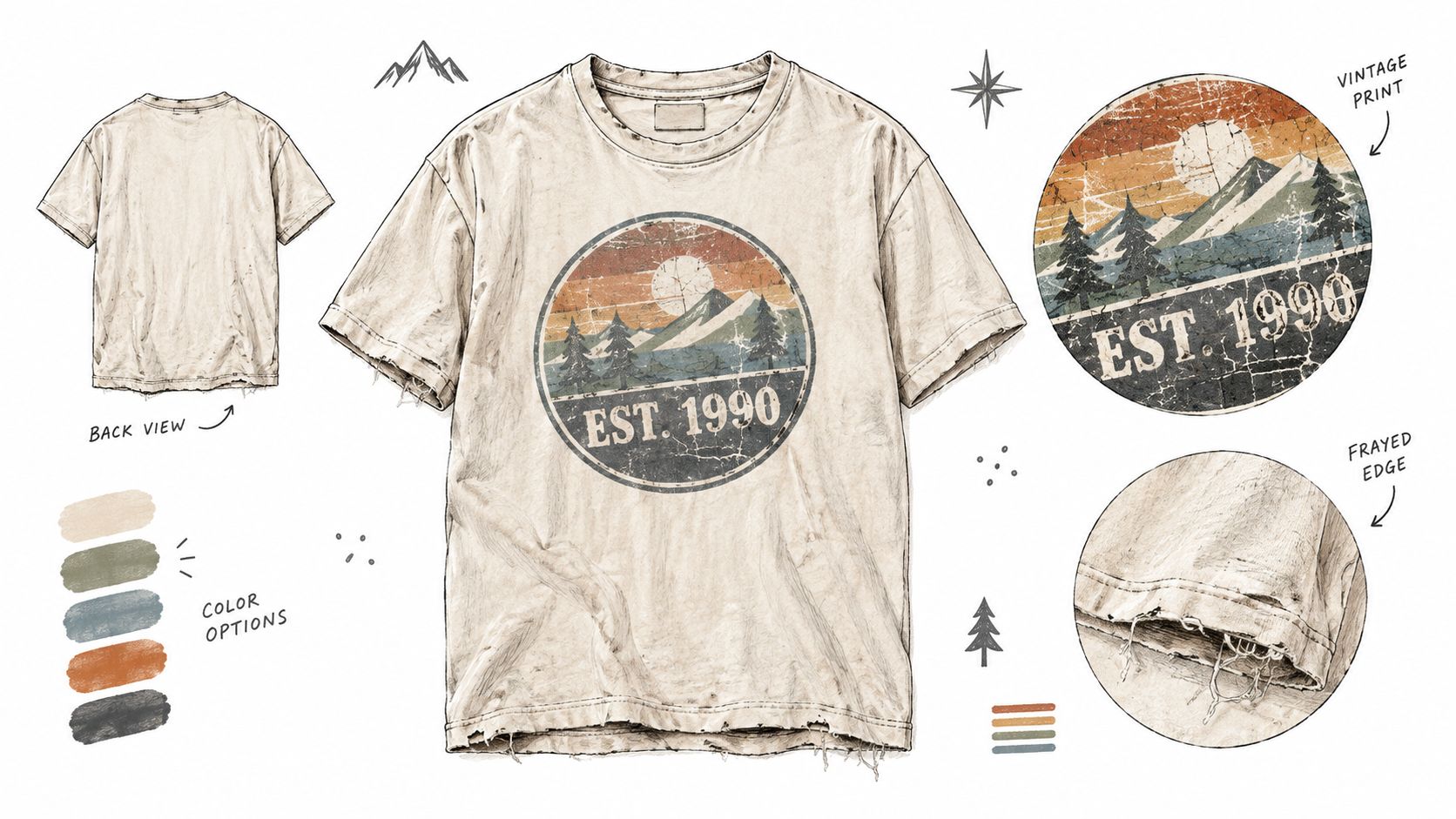 A digital design sheet showcasing a vintage style t-shirt with a mountain landscape and established 1990 print.
