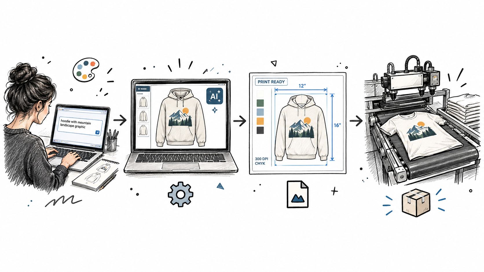 A woman using software to design a mountain graphic on a hoodie for automated apparel printing production.