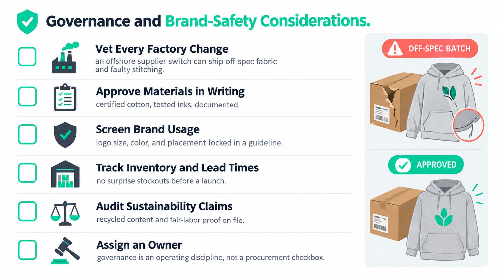 A checklist for brand safety and governance considerations when ordering custom branded company swag or merchandise.