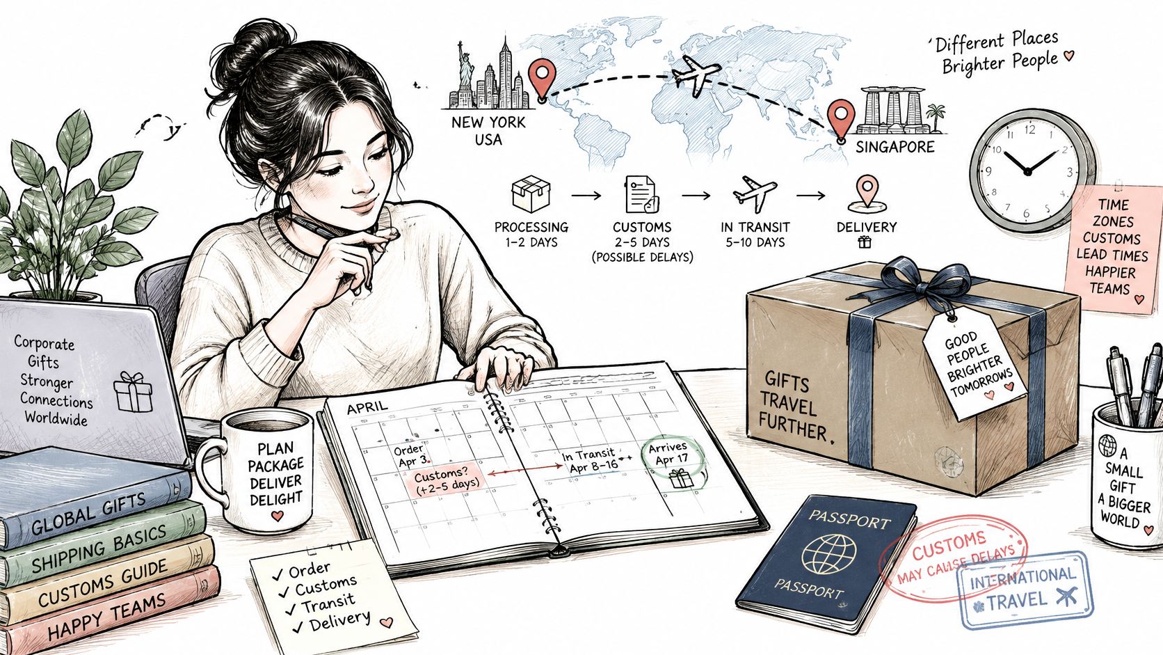 A woman planning international corporate gifting with a calendar, passport, and logistics timeline on her desk.