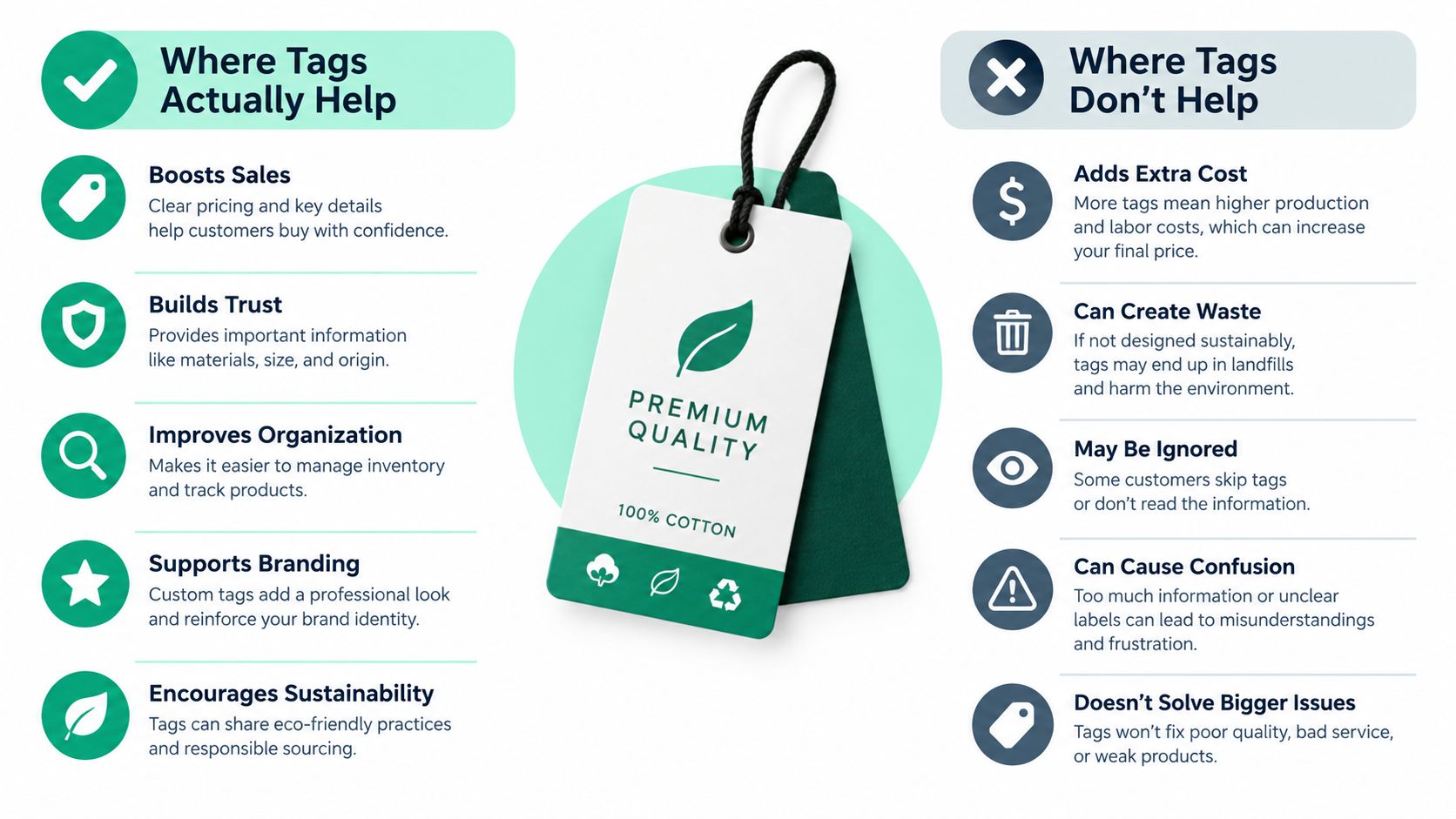 A comparison infographic showing the pros and cons of using product tags for business branding and marketing.