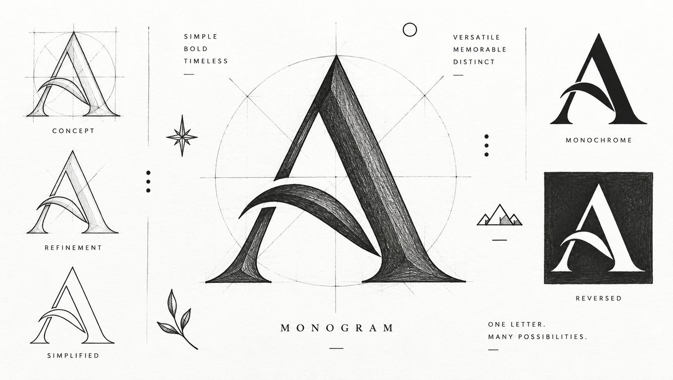 A professional logo design process showcasing the conceptualization, refinement, and final monochrome versions of a letter A monogram.