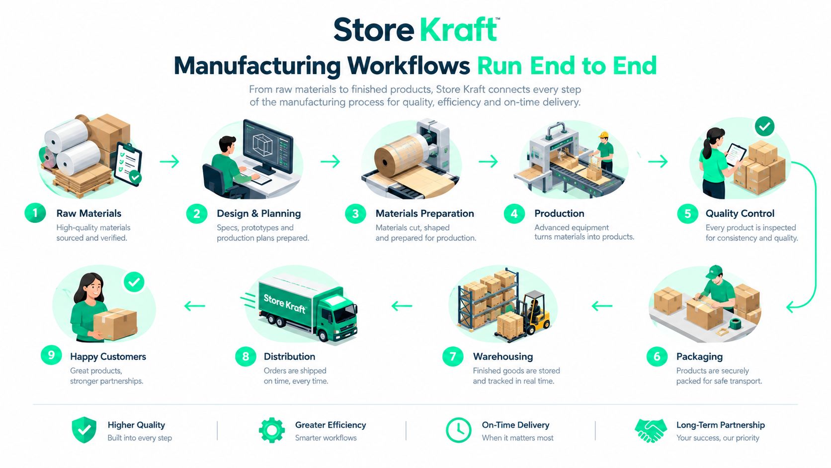 An infographic showing the nine-step end-to-end manufacturing process of Store Kraft from raw materials to customer delivery.