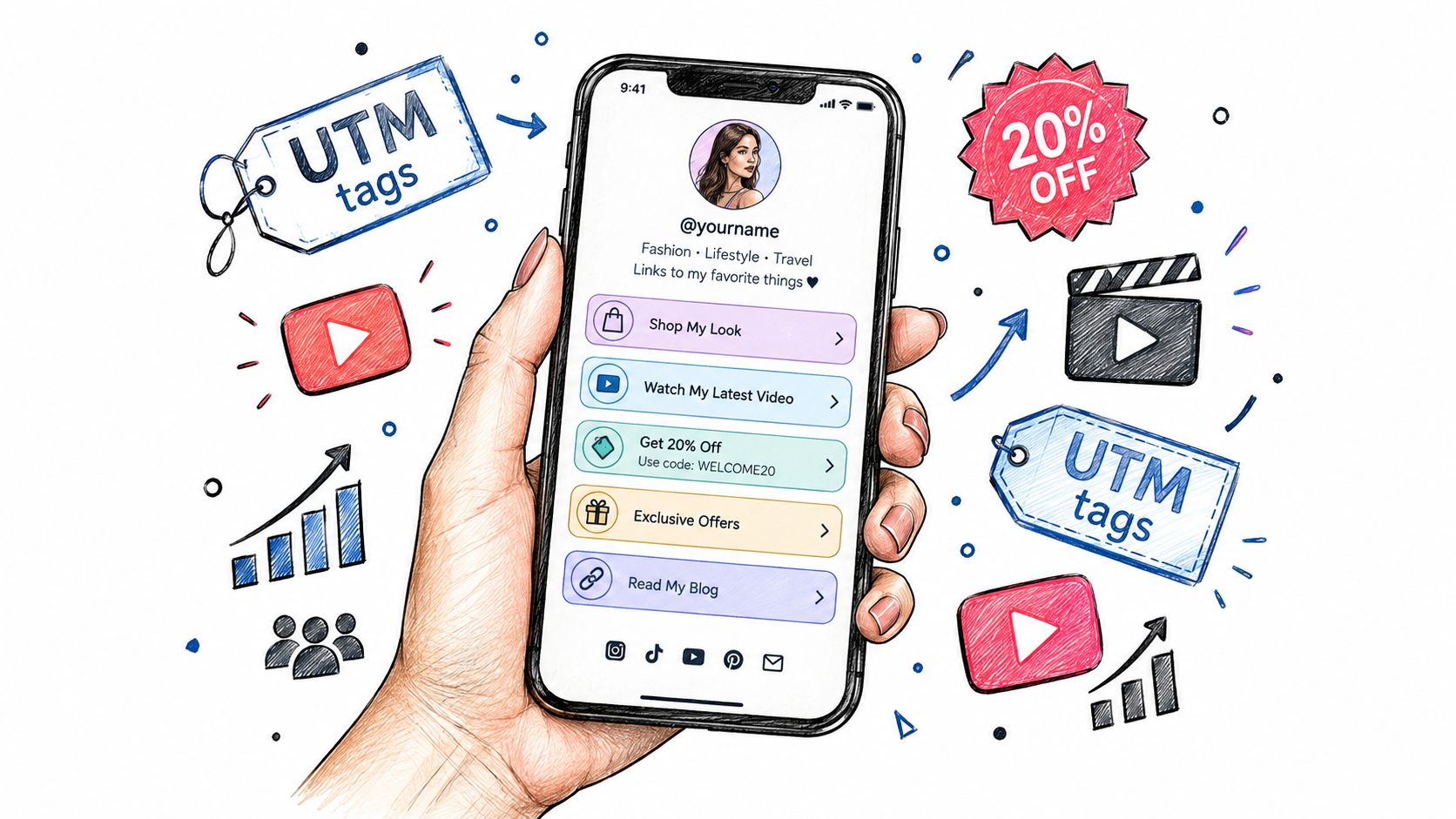 A hand holding a smartphone displaying a link-in-bio social media profile page surrounded by marketing icons.