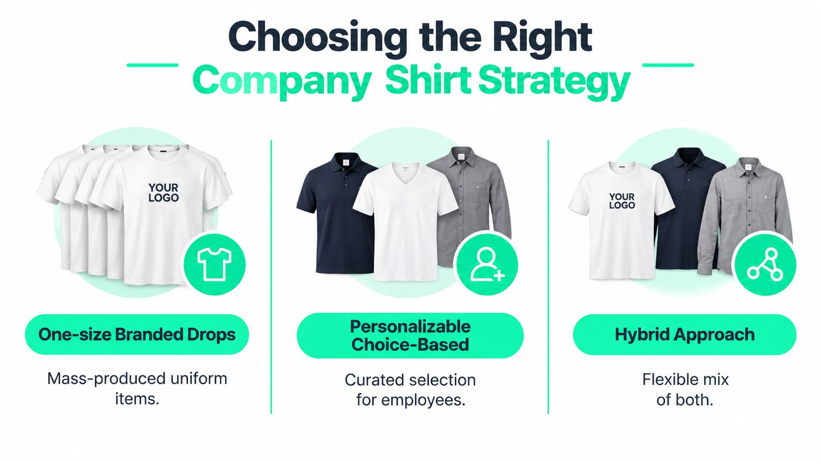A visual guide explaining three different company shirt strategies including branded drops, personalized choices, and hybrid approaches.