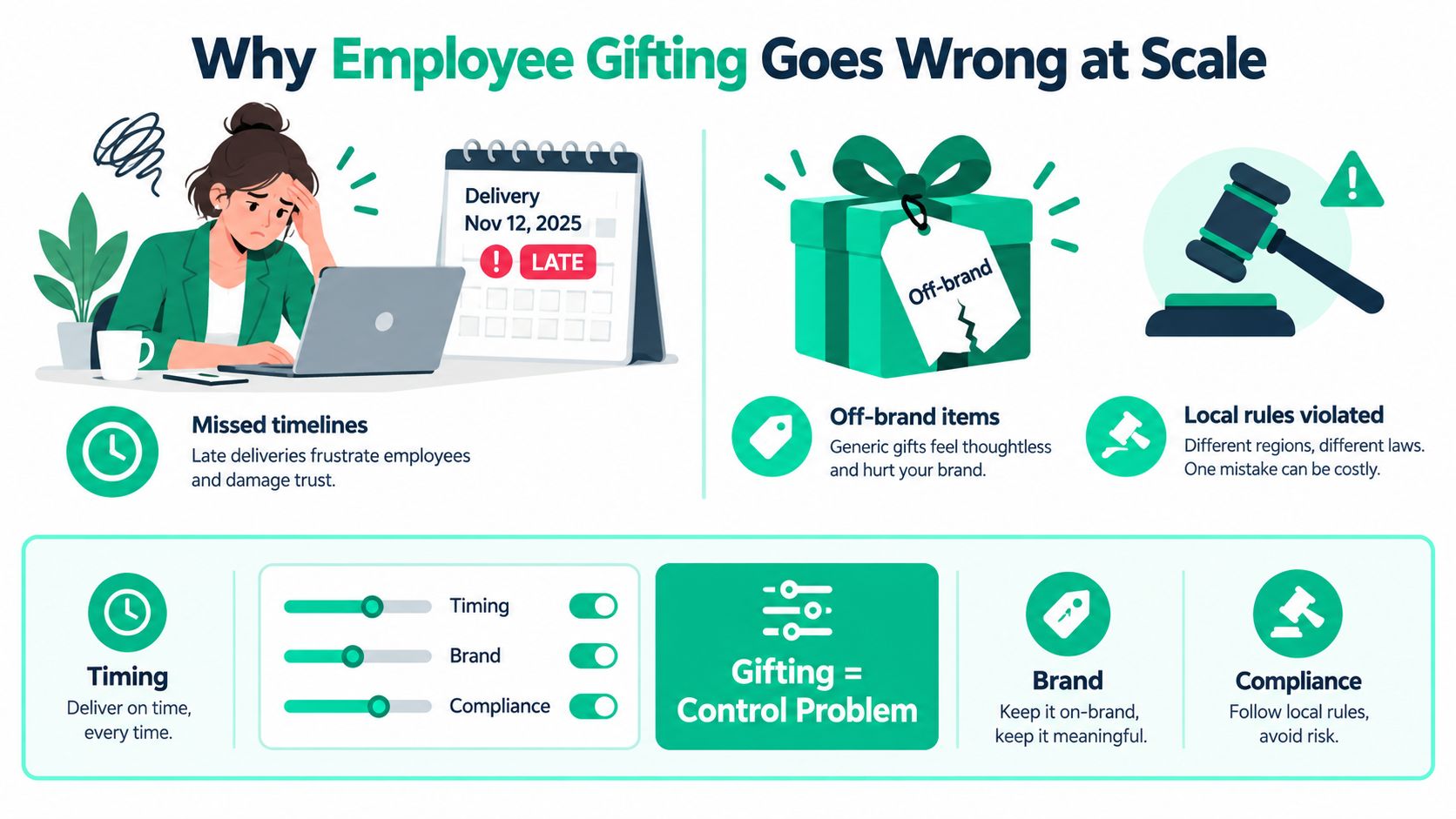 An infographic showing challenges of corporate gifting at scale, including missed timelines, off-brand items, and compliance issues.