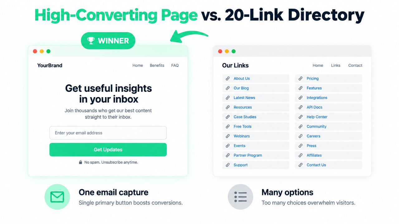 A comparison showing a high-converting email signup page versus a distracting twenty-link navigation directory.