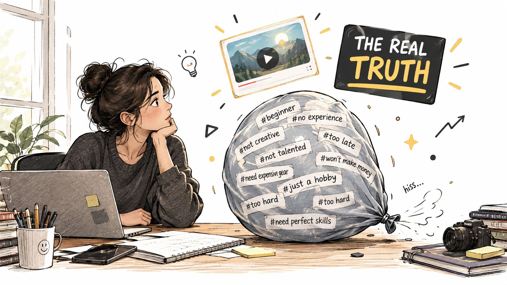 A woman thinking while looking at a bag labeled with negative thoughts like hashtag beginner and no experience.