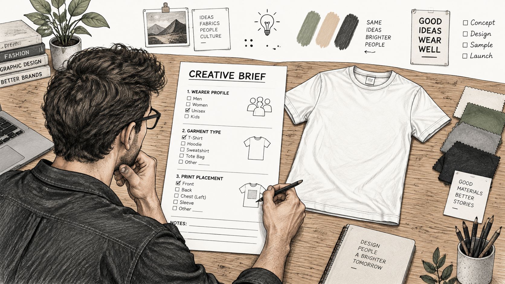 A professional designer fills out a creative brief document while sketching a concept for a custom t-shirt.
