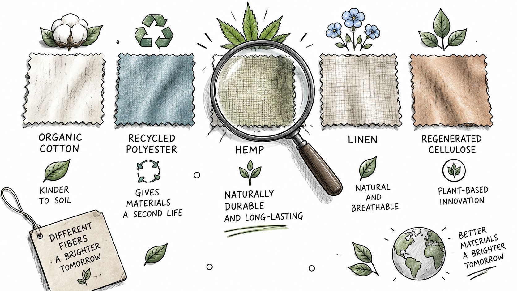 An illustration showcasing sustainable textile materials like organic cotton, recycled polyester, hemp, linen, and regenerated cellulose.