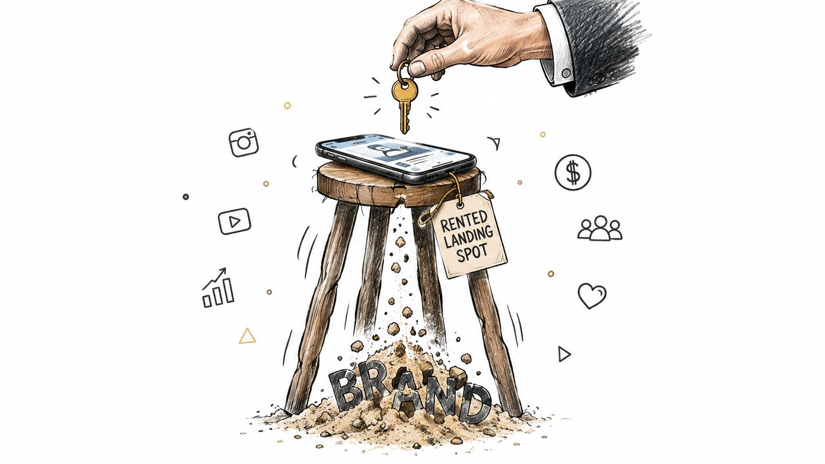 A hand holding a key above a smartphone sitting on a stool labeled rented landing spot.