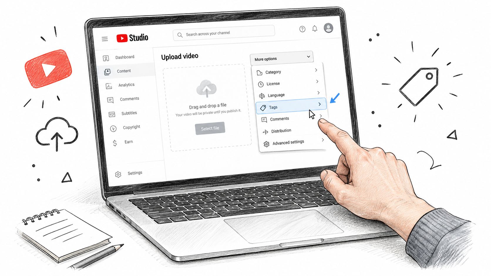 A hand pointing to the Tags option in the YouTube Studio video upload interface on a laptop.