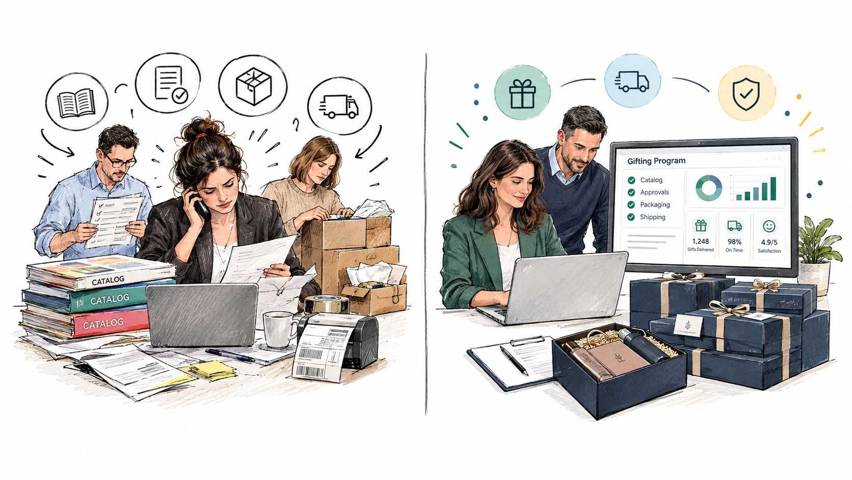 A split image contrasting manual, disorganized corporate gifting processes with an efficient, automated digital gifting program dashboard.