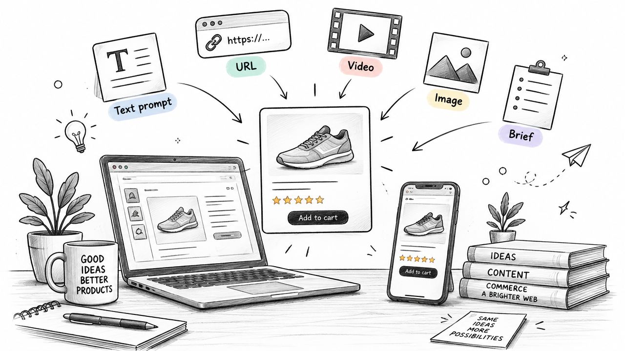 A creative illustration depicting how various digital inputs like text, links, and videos generate e-commerce product listings.