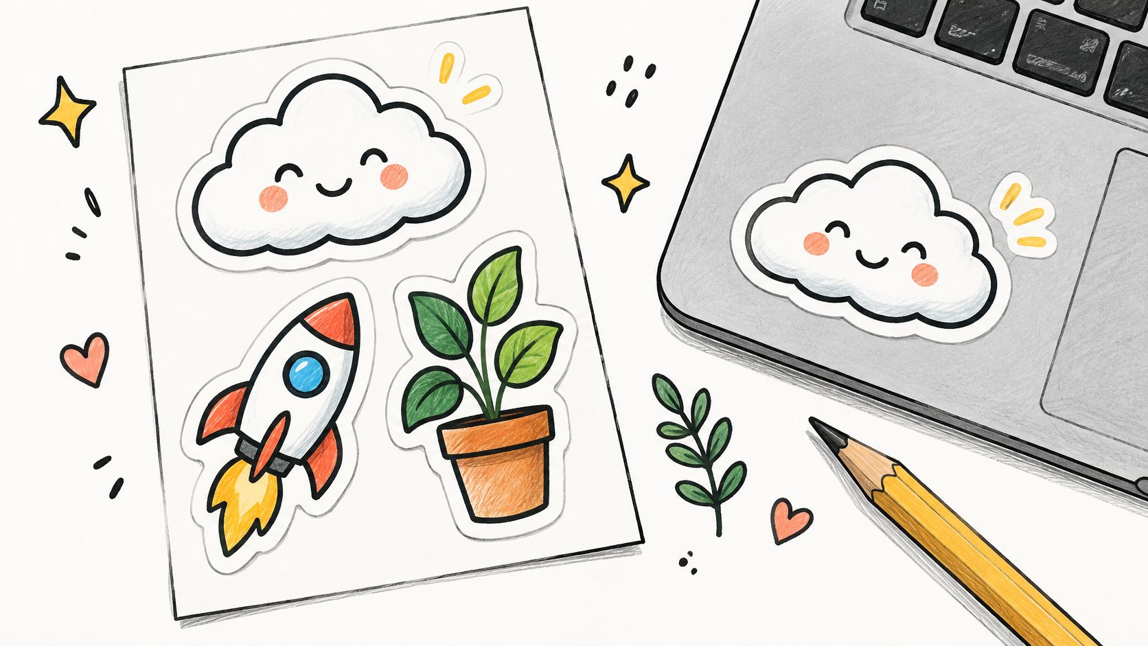 A sheet of illustrated stickers featuring a cloud, rocket, and plant next to a laptop with a cloud sticker.