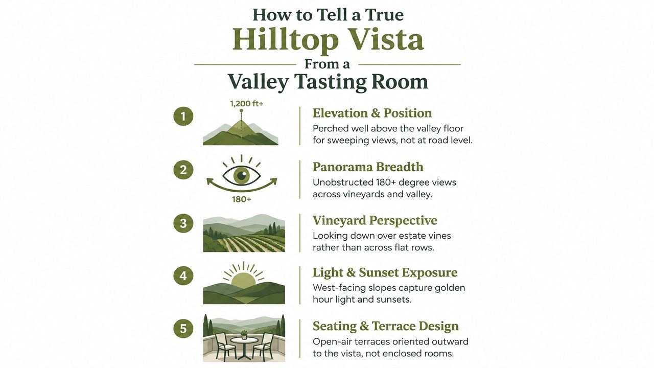 An infographic detailing five key features that define a true hilltop vineyard tasting room experience.