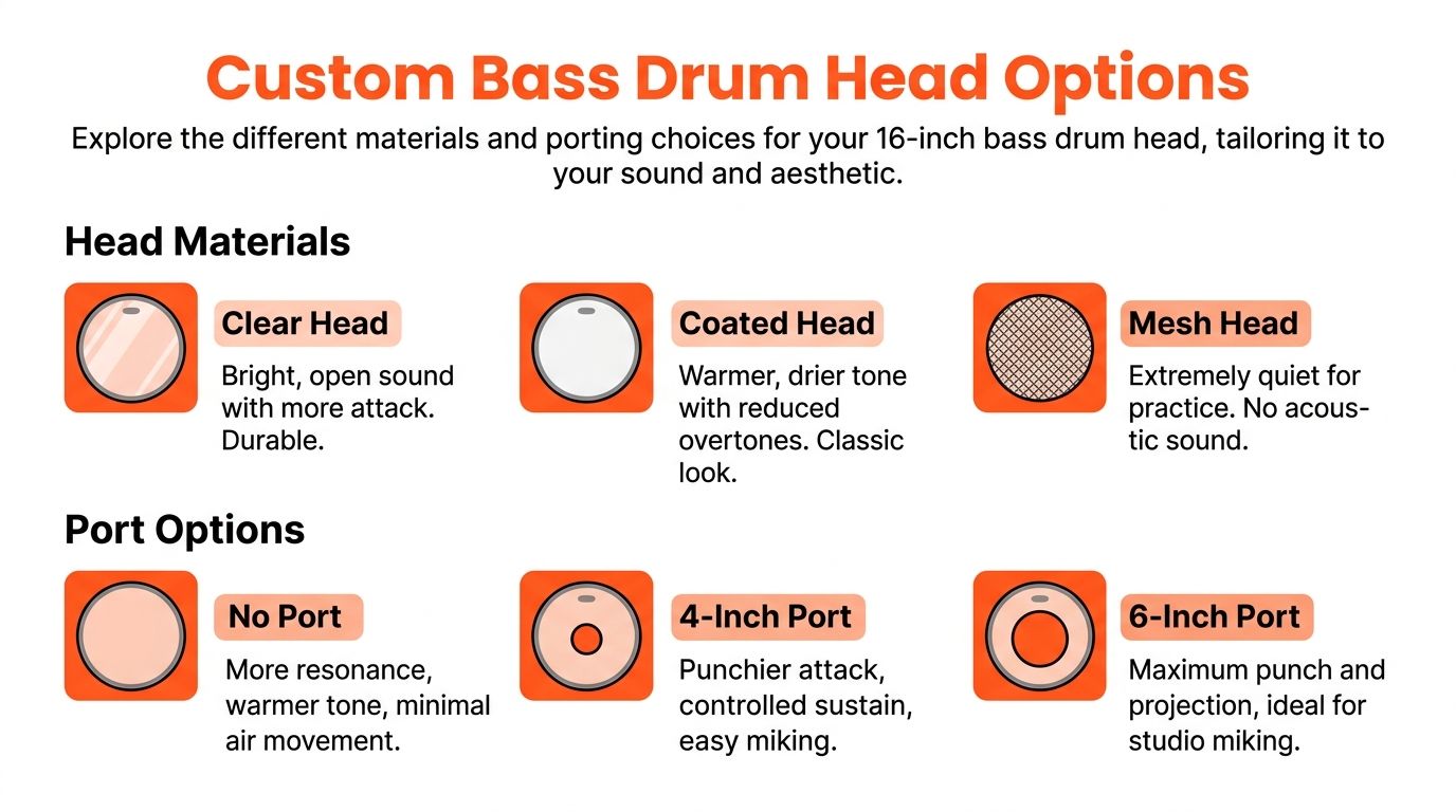 An infographic showing various material and port options for a 16-inch custom bass drum head.