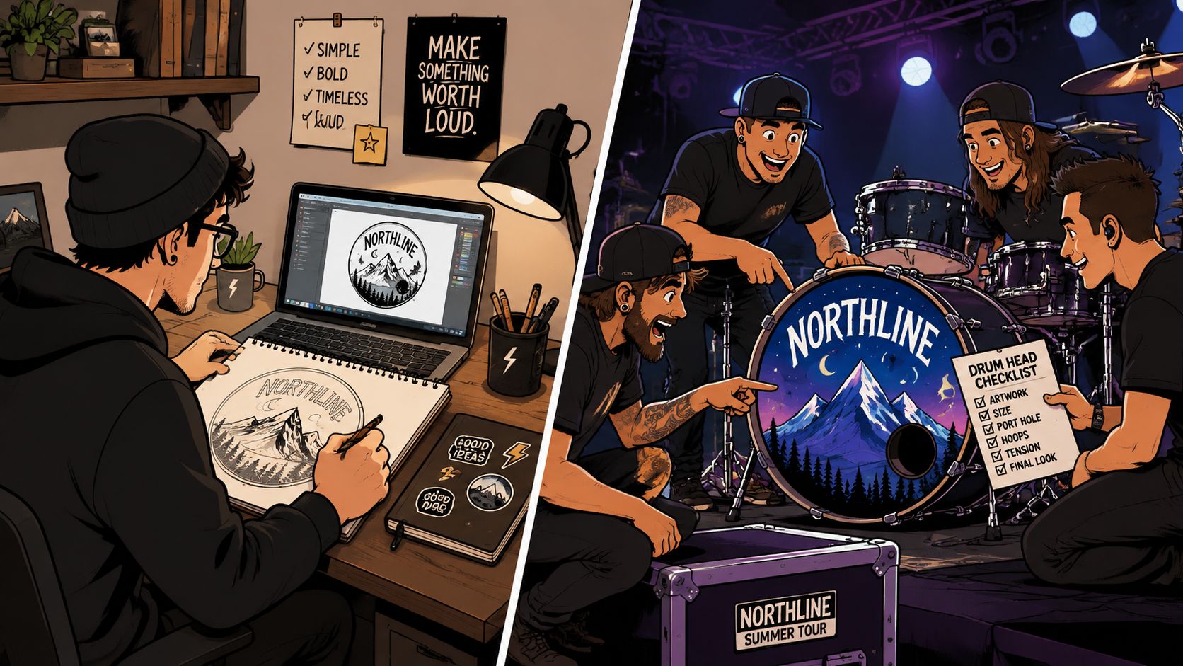A band during a photo and video shoot with the kick drum logo centered in frame, showing how a custom drum head strengthens branding across promotional photos, reels, and social media content