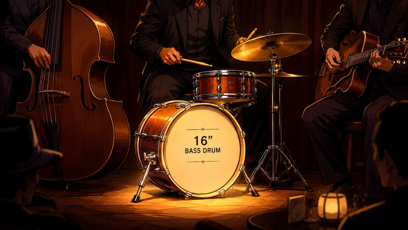 A live jazz trio performing on stage, featuring a highlighted 16 inch bass drum in the spotlight.