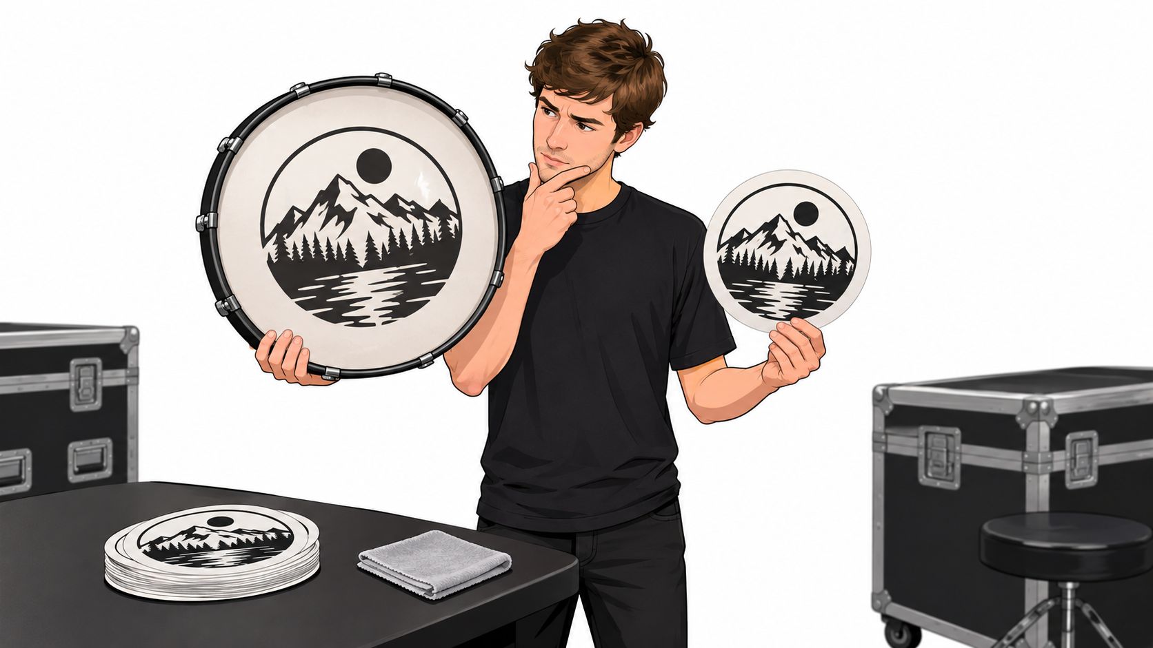 A touring drummer comparing a large bass drum logo decal to a smaller handheld circular version.