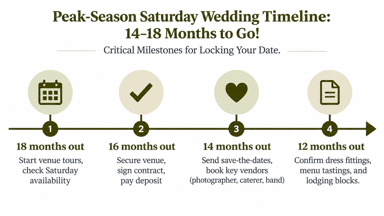 A timeline graphic showing four planning stages for a Saturday wedding from 18 to 12 months out.
