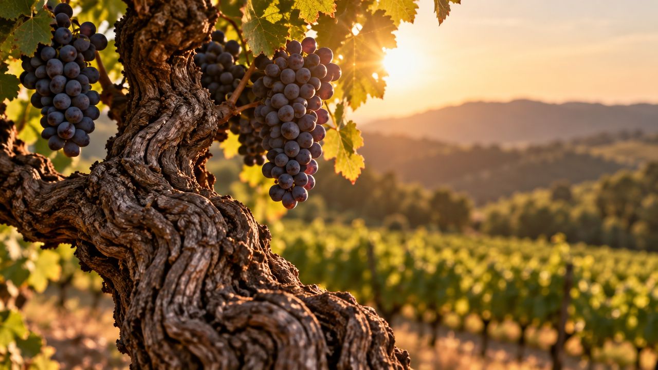 A close-up of a gnarled, ancient vine with clusters of ripe grapes during a golden sunset in Sonoma.