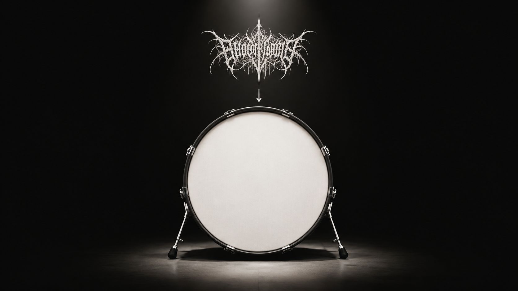 A professional band logo design positioned above a blank white bass drum head in a studio.