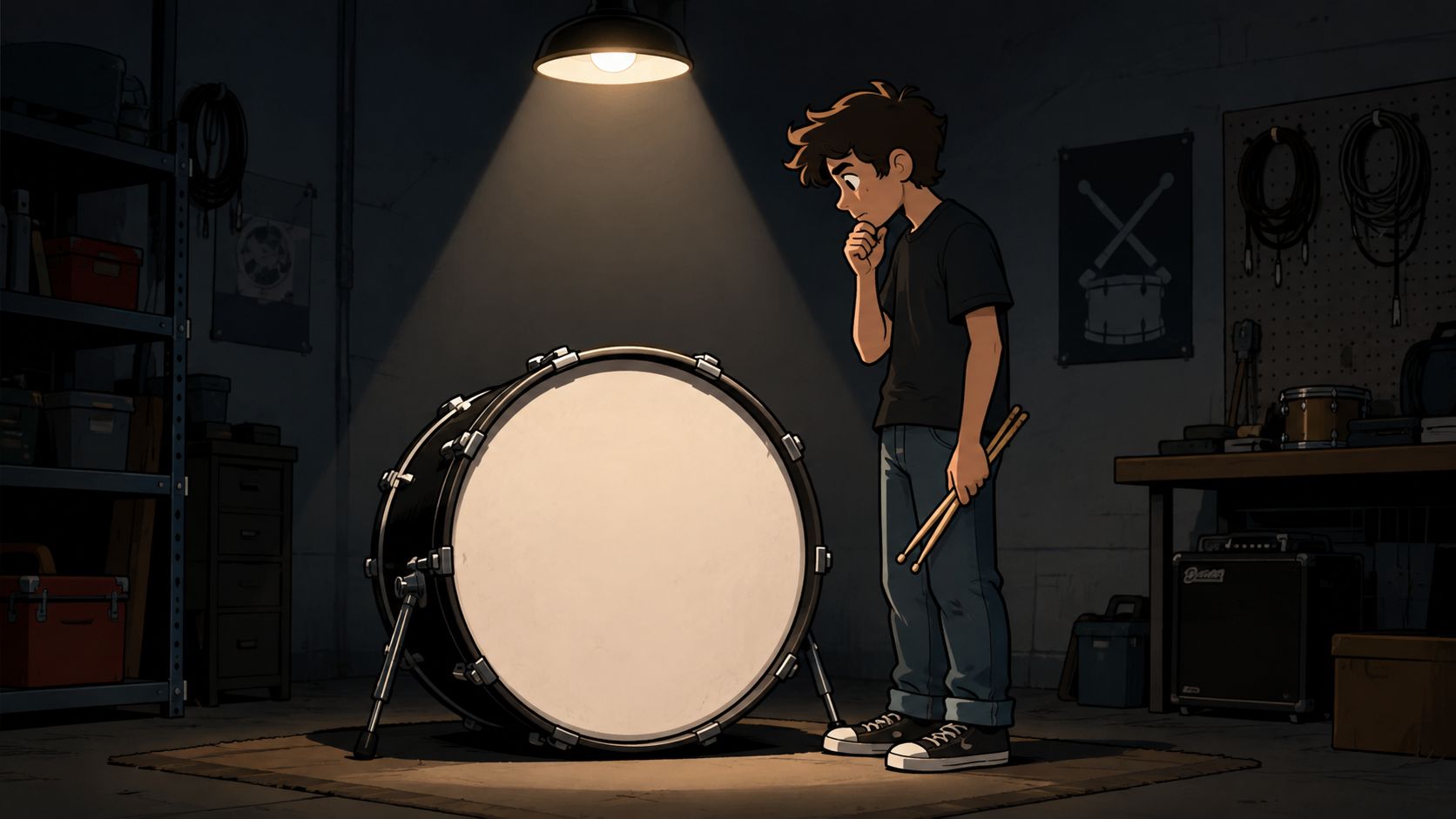 A pensive young drummer holding sticks, looking down at a blank white custom bass drum head.
