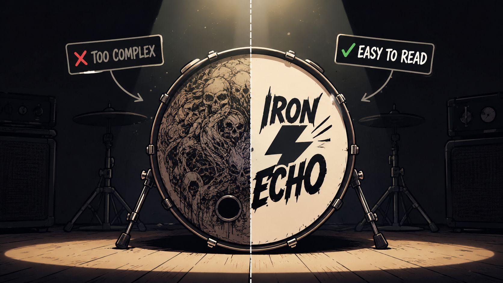 A drum head split into two designs: a complex skull illustration and clear band logo branding.