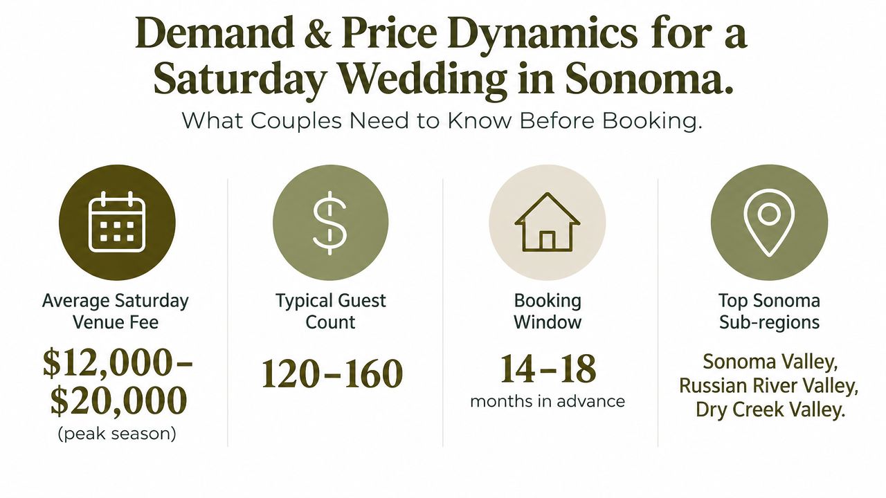 An infographic showing costs, guest counts, and booking timelines for Saturday weddings in Sonoma, California.