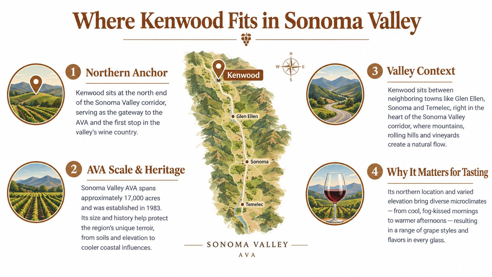 An infographic showing Kenwood's position as the northern anchor of the Sonoma Valley AVA wine region.