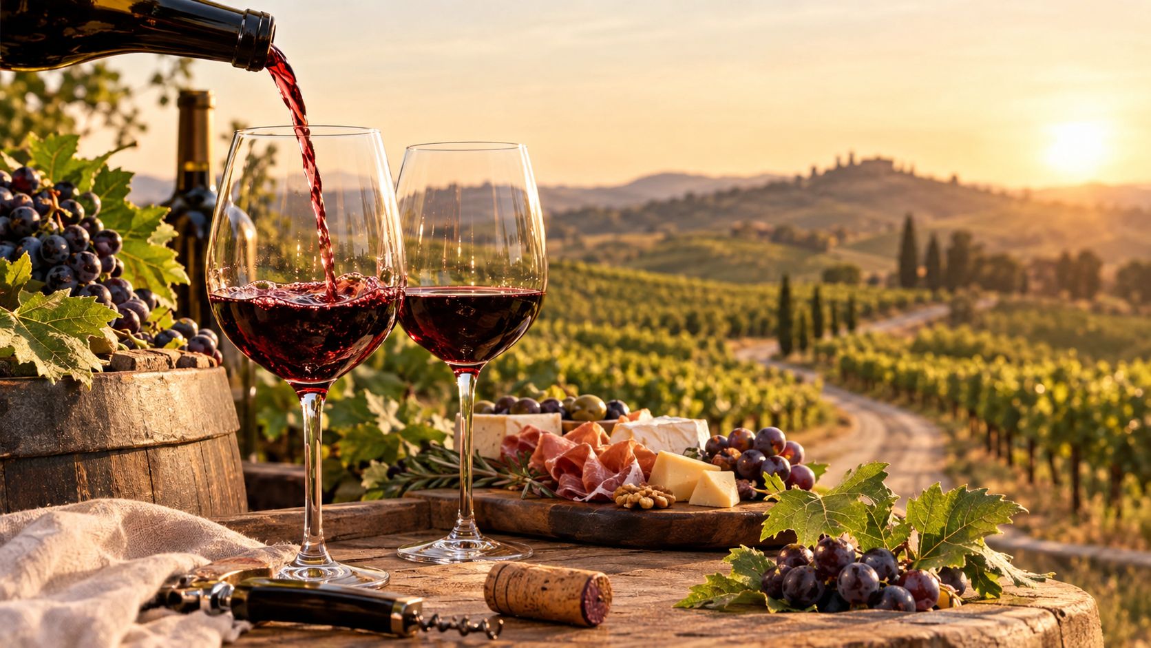 A scenic view of a Tuscan winery with wine being poured into glasses at sunset.