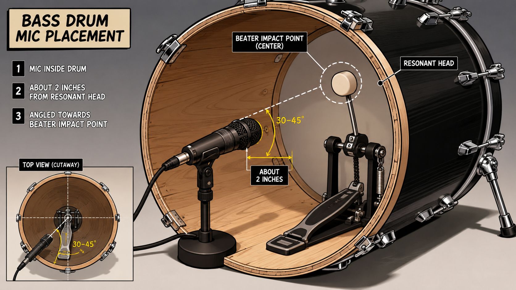 A diagram illustrating optimal bass drum microphone placement inside the drum shell for recording purposes.